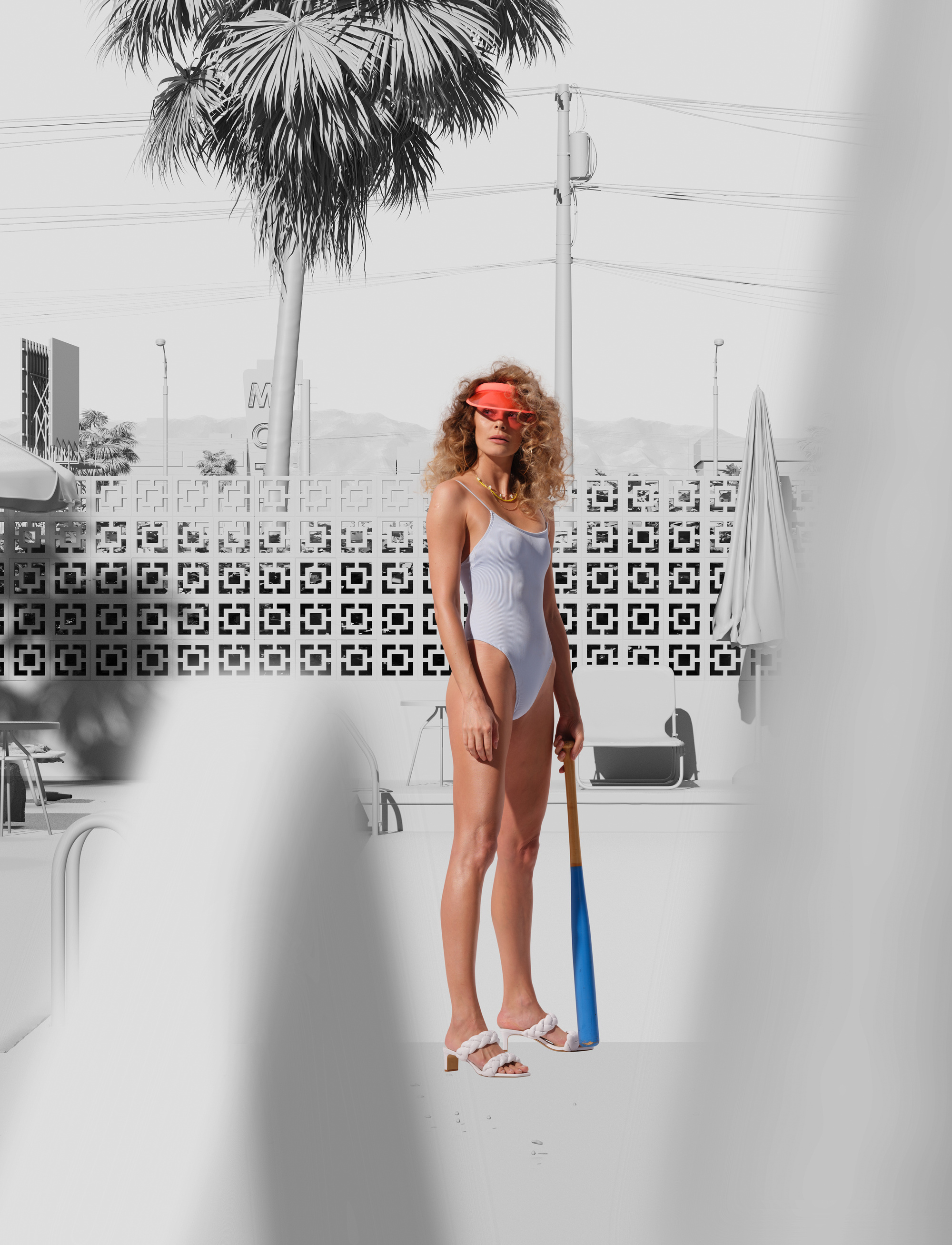 Haze — At the pool, work-in-progress clay render