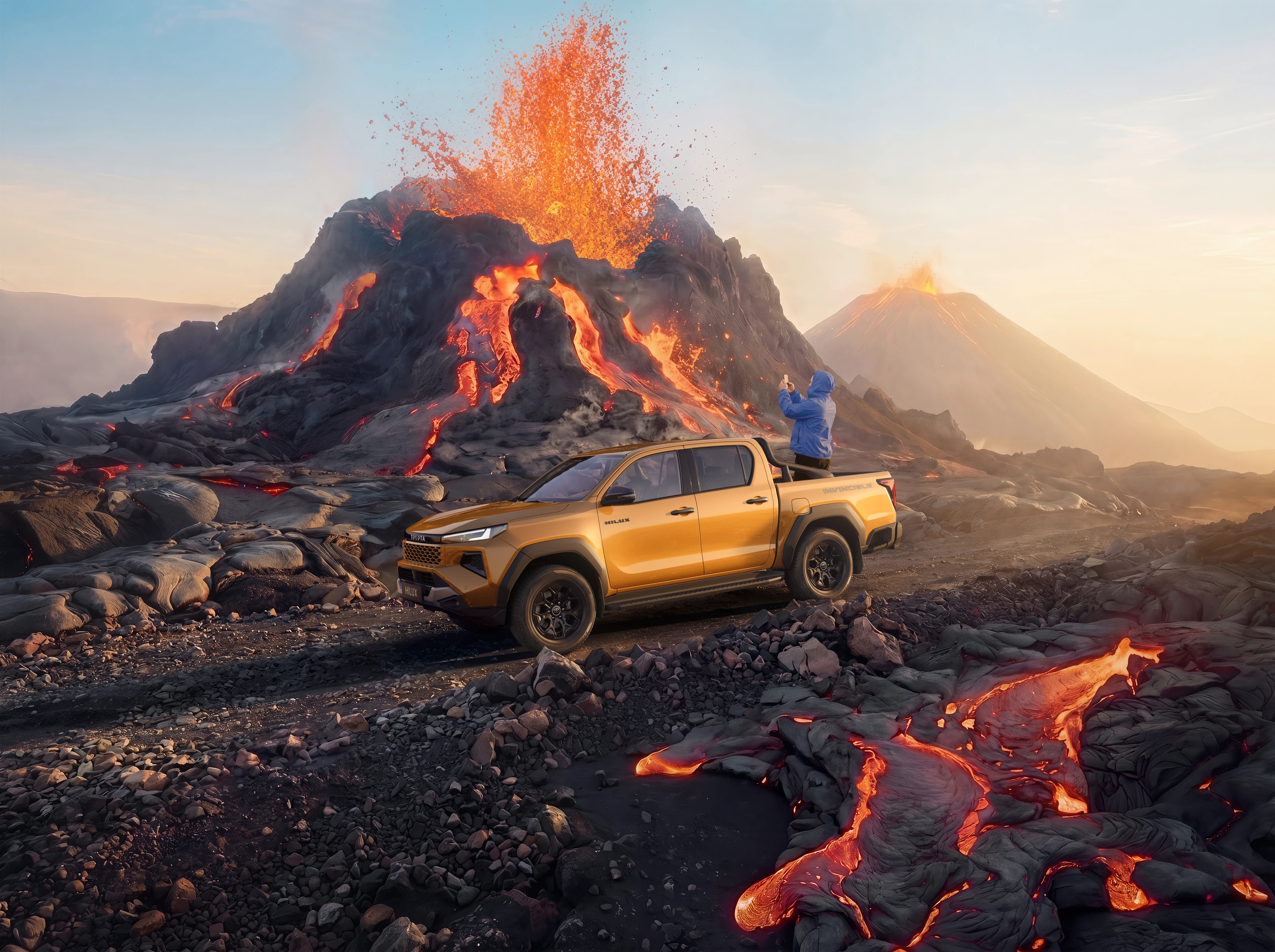 Toyota Hilux in a volcanic landscape