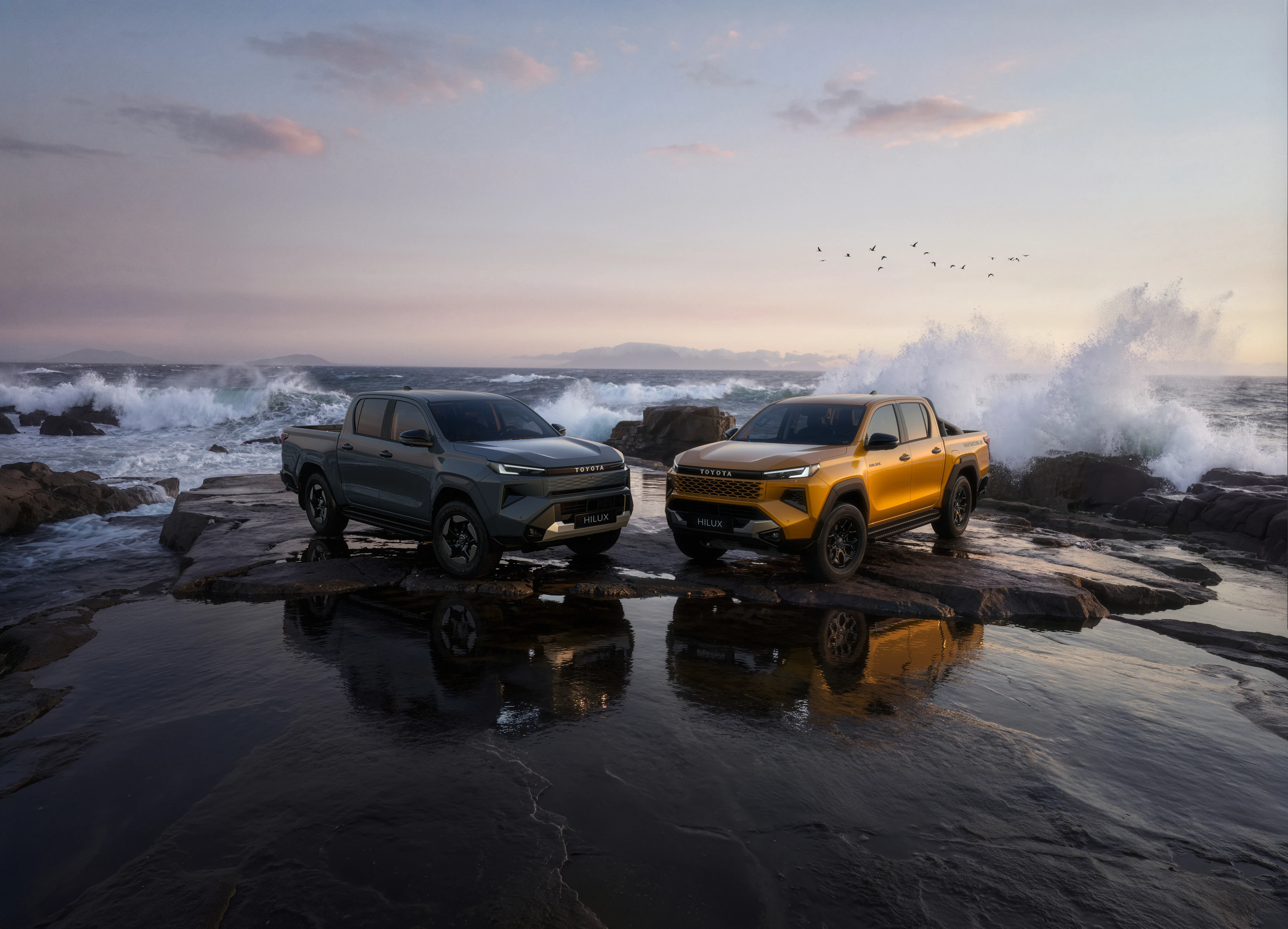 Two Toyota Hilux pickups on a rocky coastline
